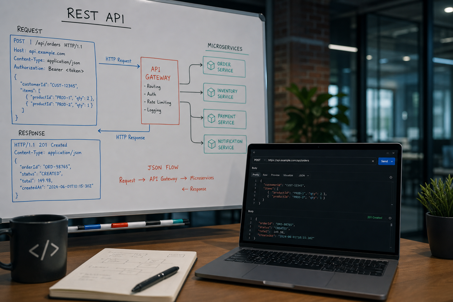 REST API JSON request and response structure with pagination and error envelope