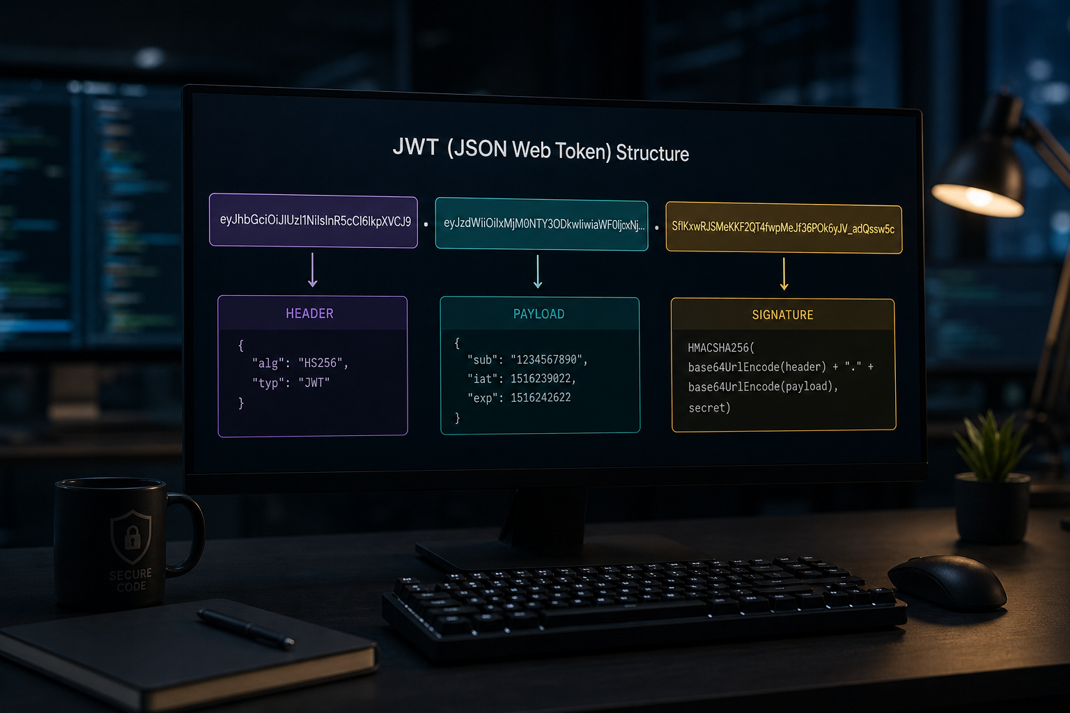 JWT structure diagram showing header payload and signature segments