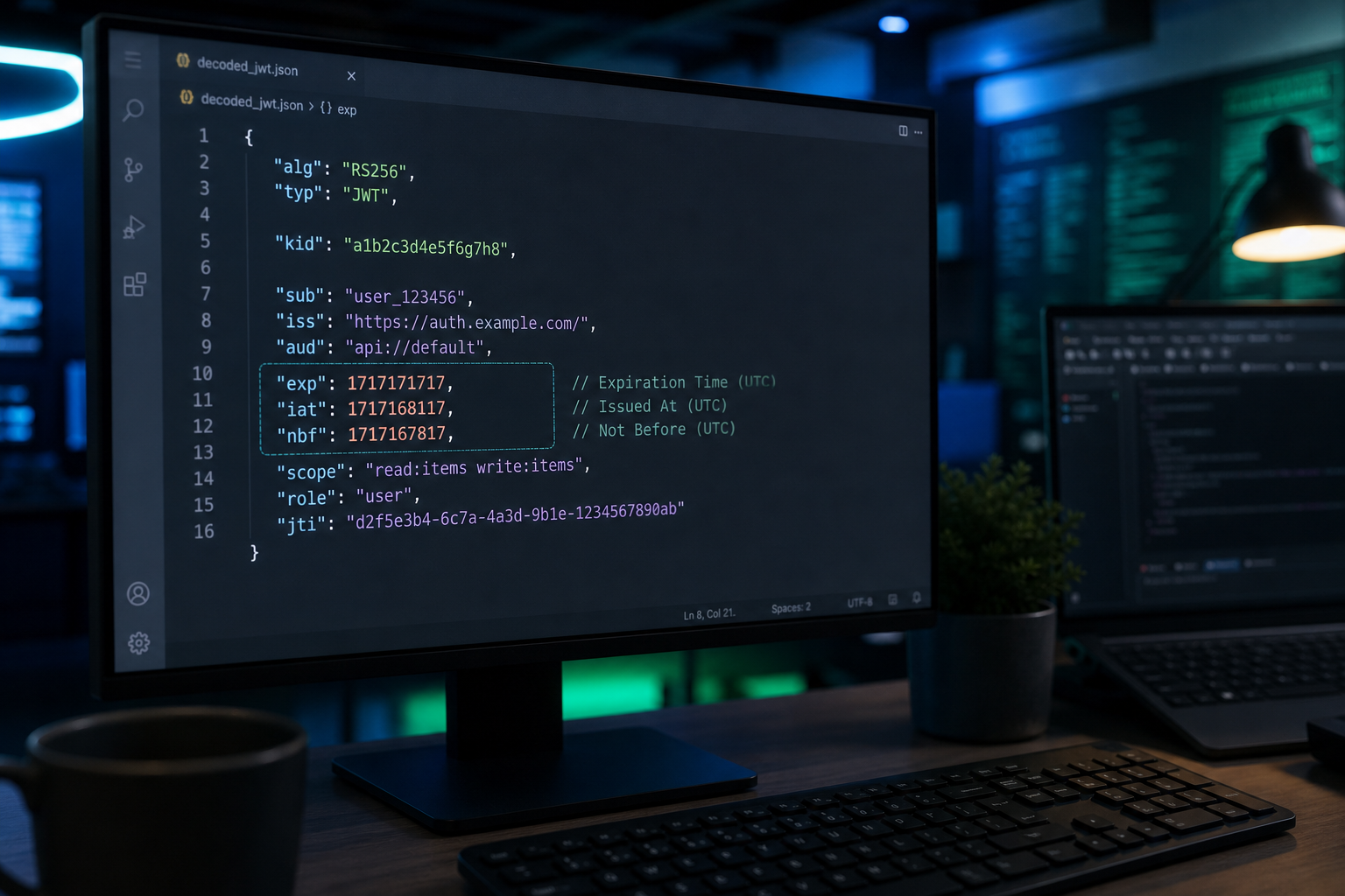 Decoded JWT payload highlighting iat, nbf, and exp timestamp claims