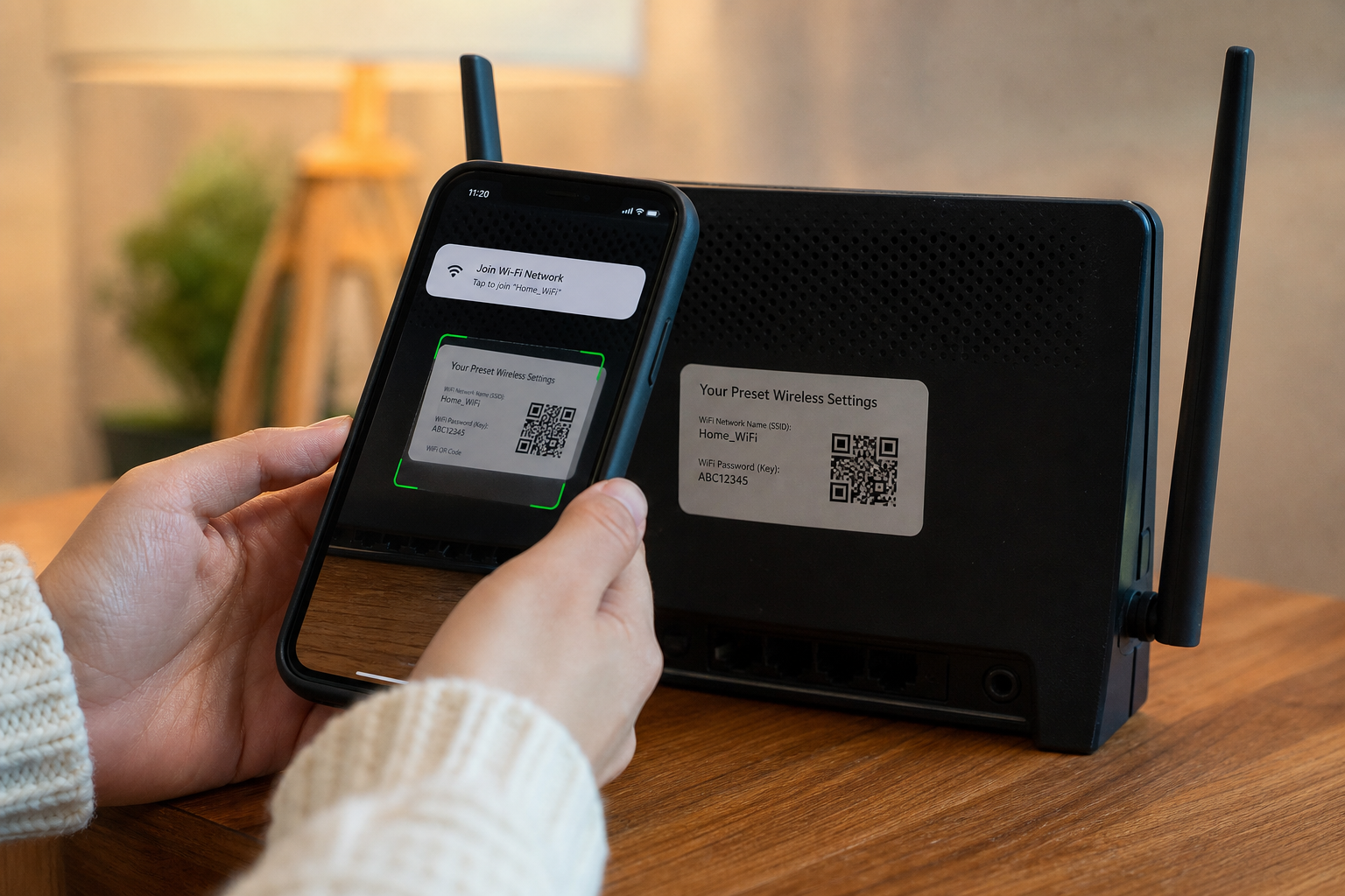 WiFi QR code scanning flow connecting guests to WPA secured network