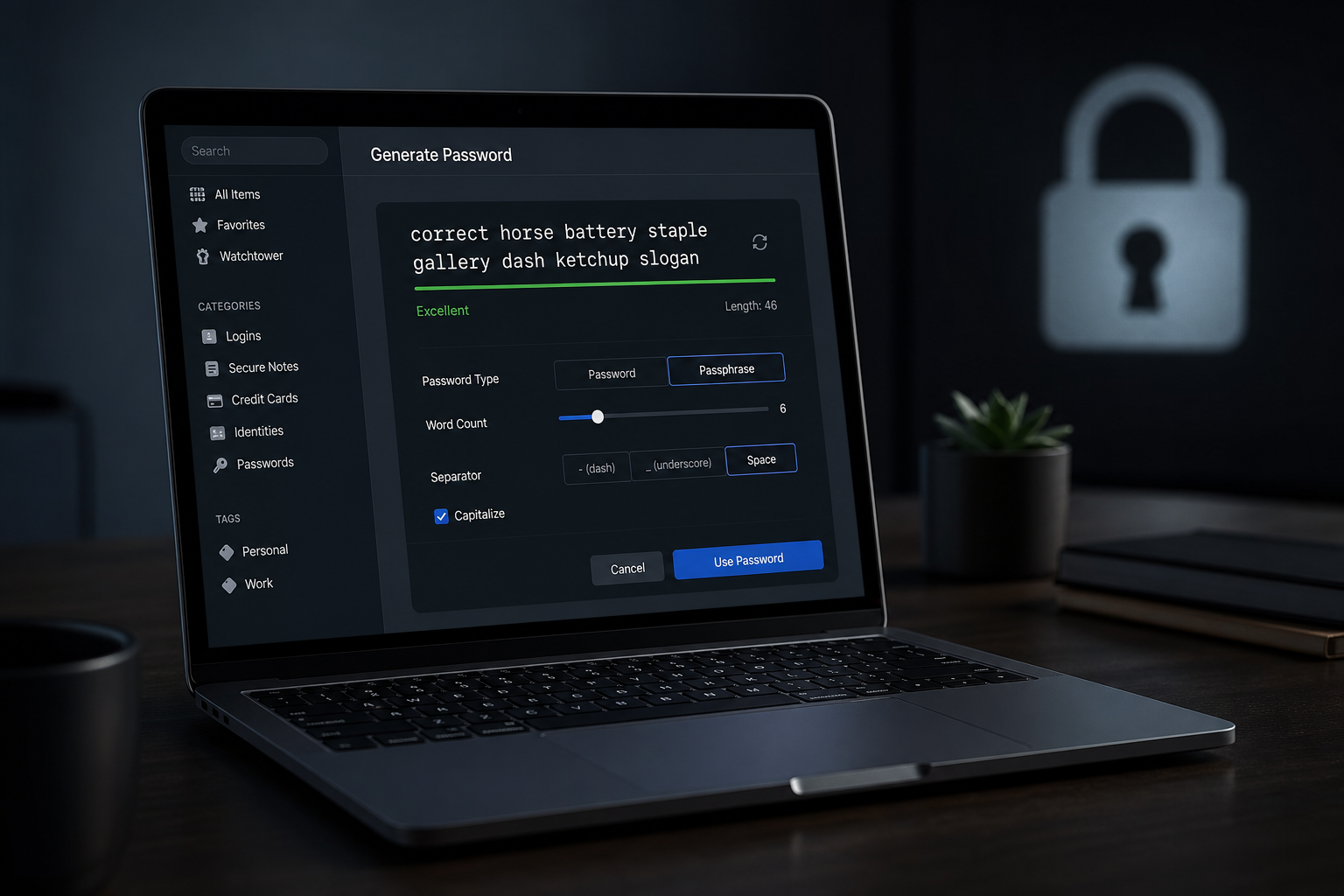 Comparison illustration of a multi-word passphrase versus a long random password string