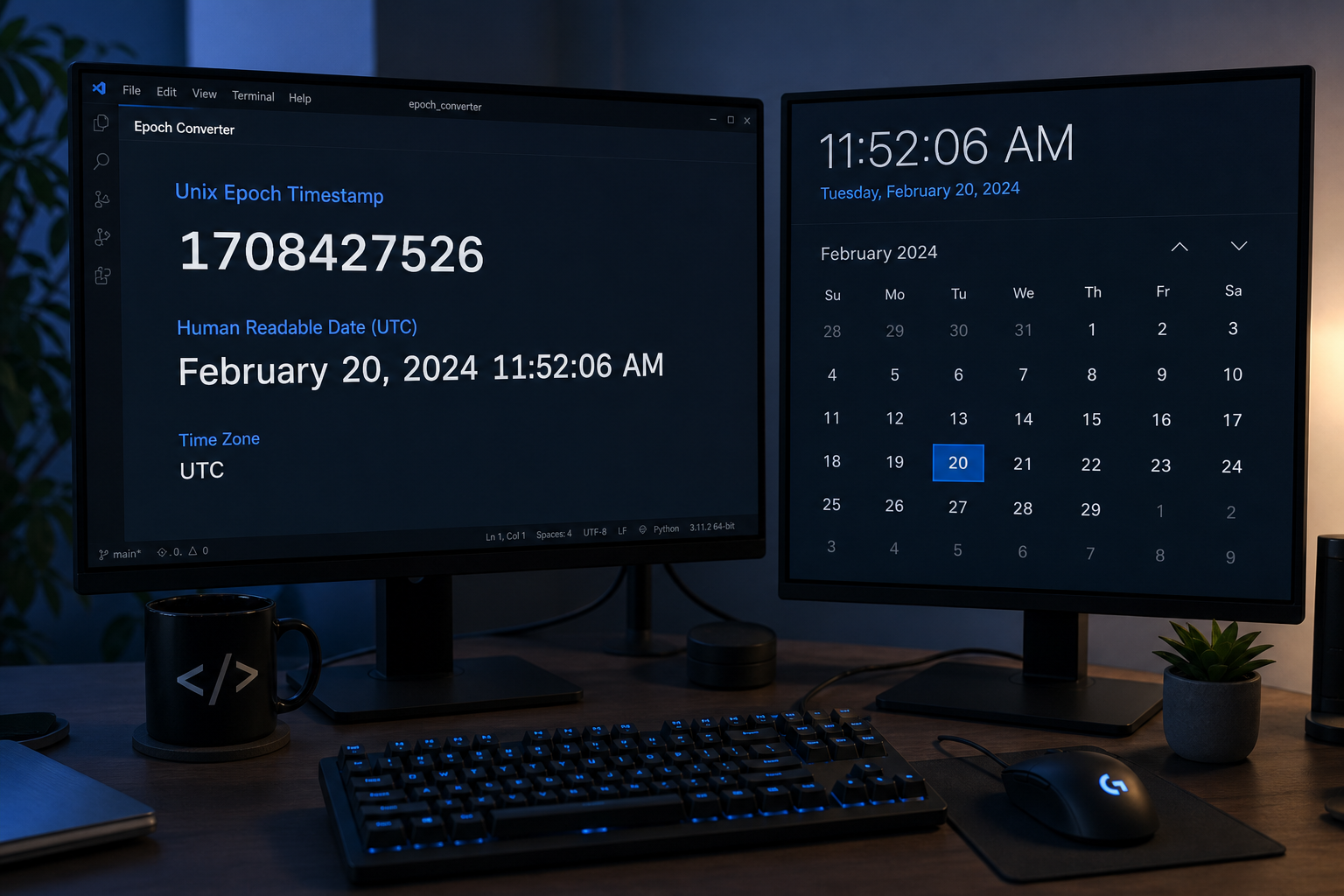 Timeline showing Unix epoch seconds mapped to calendar dates in UTC