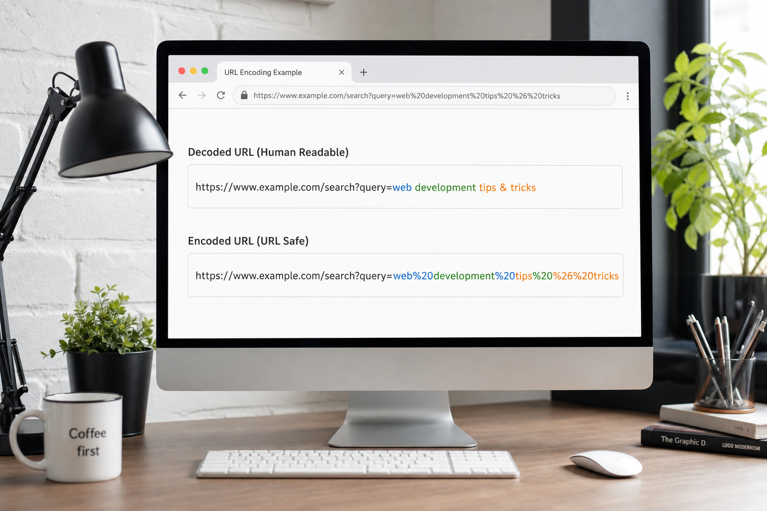 URL components diagram showing encoded query parameters and reserved characters