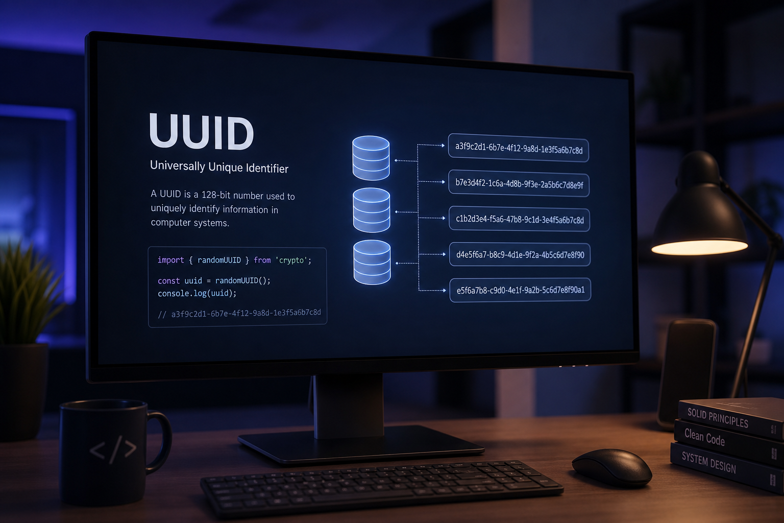 UUID v4 format illustration with random hex segments highlighted