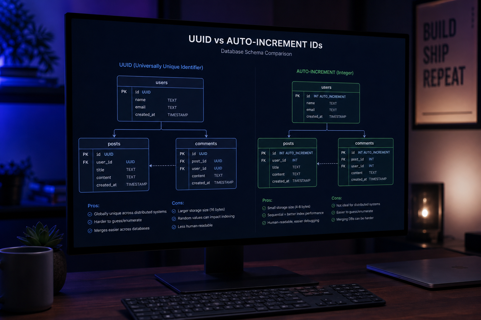 Side-by-side comparison of sequential integer IDs and UUID primary keys in a database schema